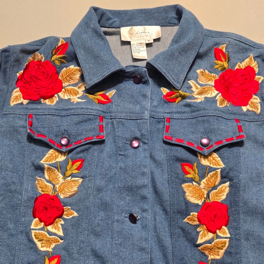 Dianes Essentials Rose Embroidered Denim Jacket Medium Blue Floral Snap Cotton - Picture 3 of 9